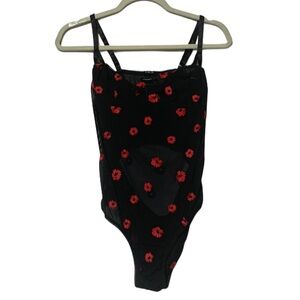 Out From Under Urban Outfitters Black Mesh Red Floral Bodysuit